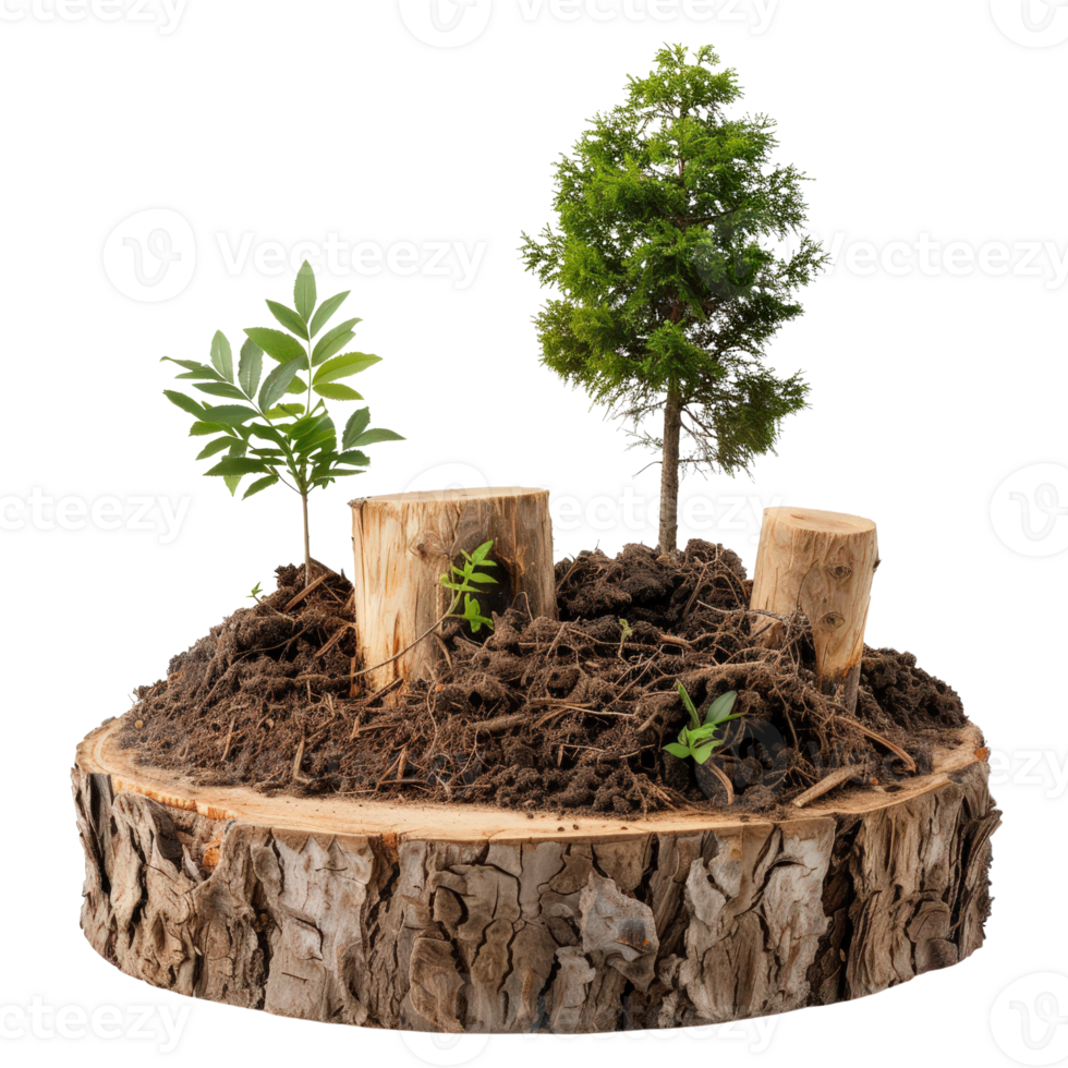 Green Nature Scene with Tree Stumps and Young Plants Surrounded by Soil and Wood Base png