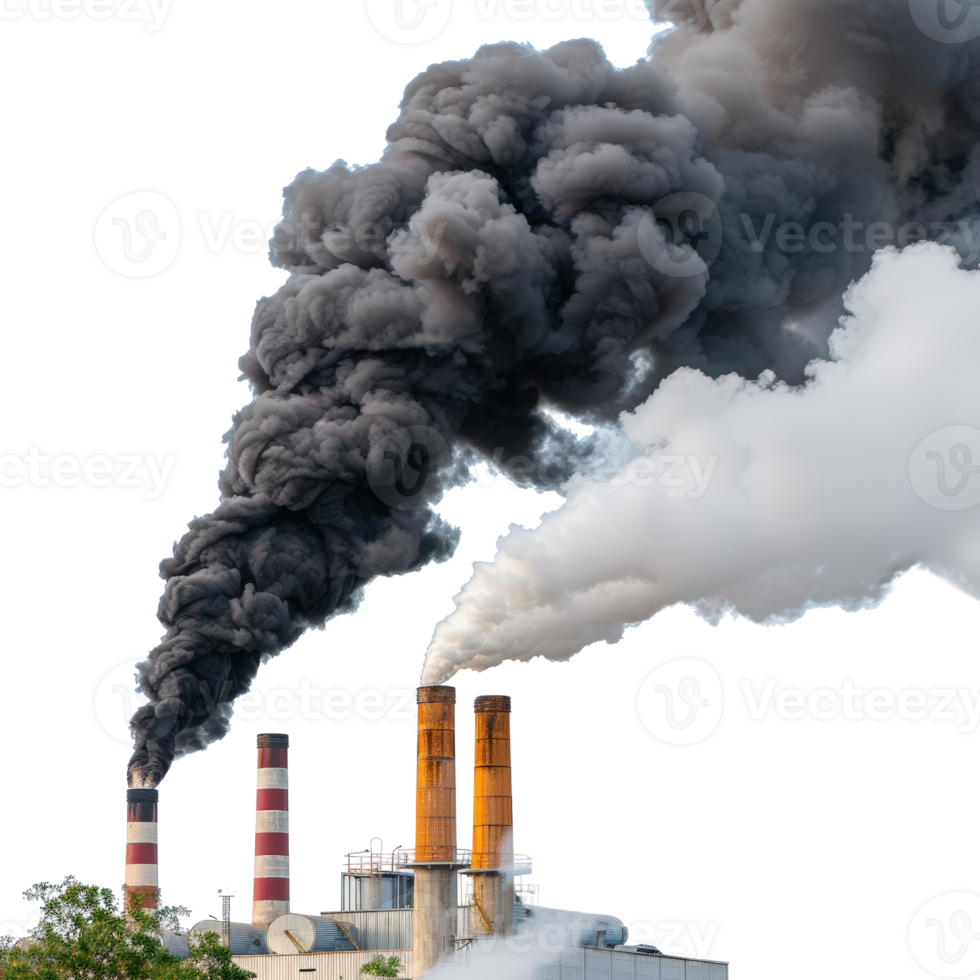Industrial Factory Emitting Dark Smoke Plume Against Clear Blue Sky Background Environment png