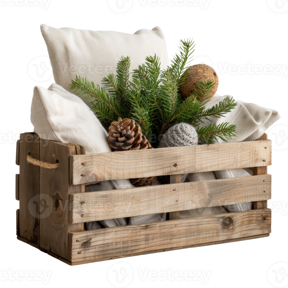 Cozy Wooden Crate Filled with Natural Elements and Soft Textiles for Rustic Home Decor png