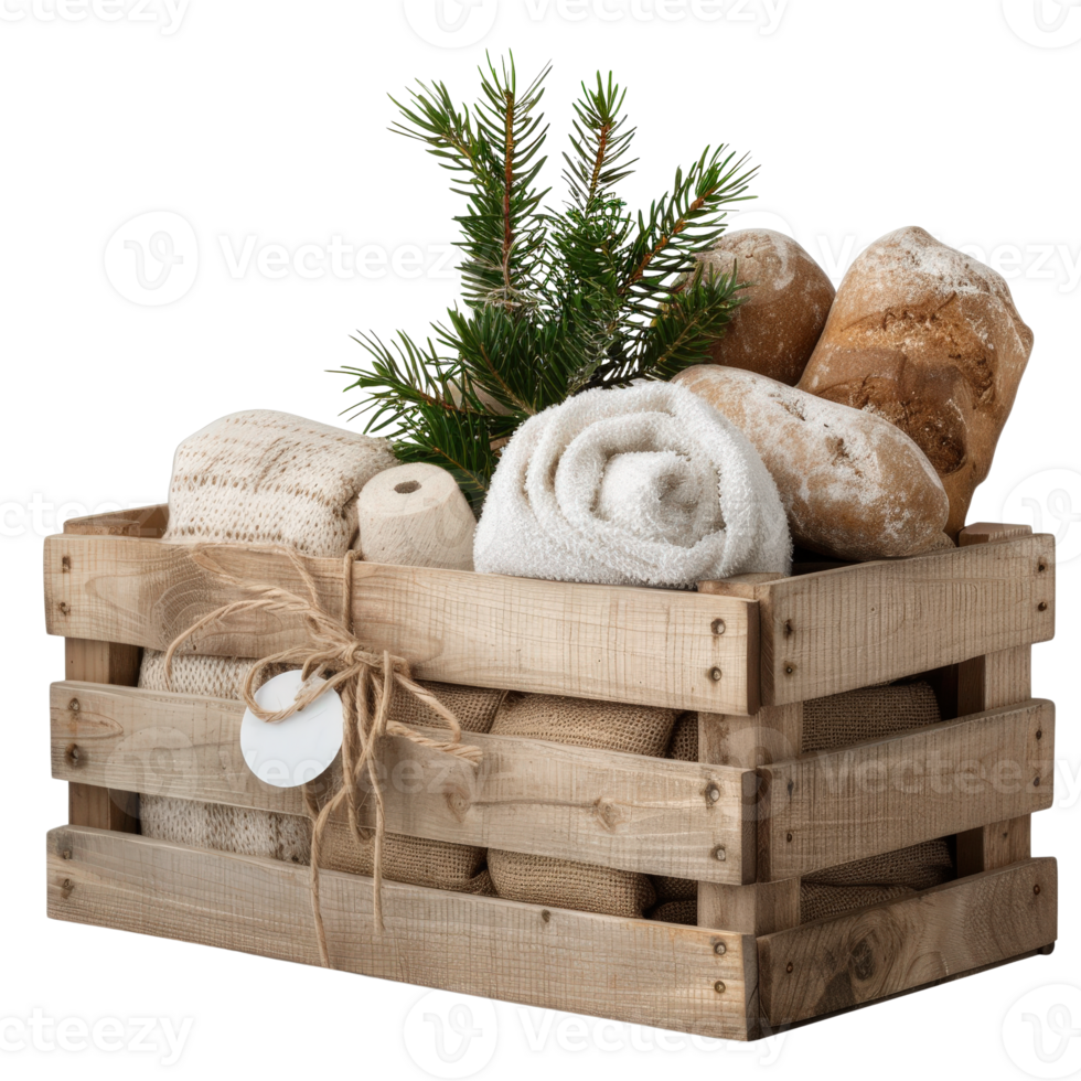 Rustic wooden crate filled with bread, towels, and greenery for natural home decor and gifts png