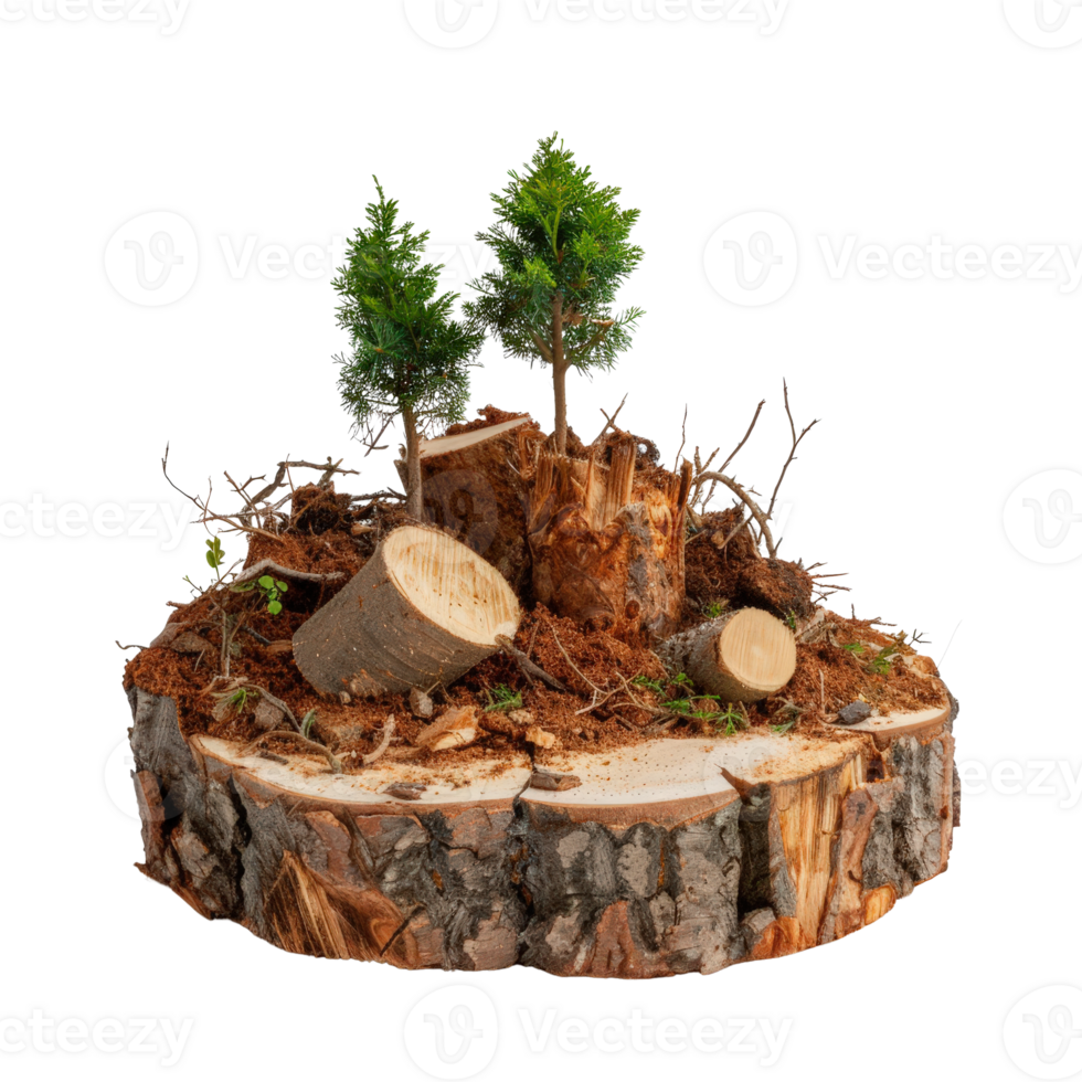 Natural Wood Slice with Young Trees and Soil in Detailed Close-Up View for Eco-Friendly Projects png
