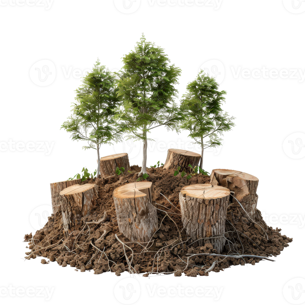 A slice of nature featuring tree stumps, soil, and small trees surrounded by lush greenery png