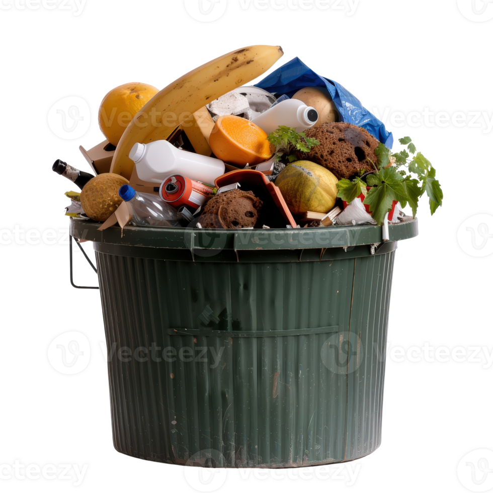 Overflowing Trash Bin with Food Waste and Plastic Garbage in an Urban Environment png
