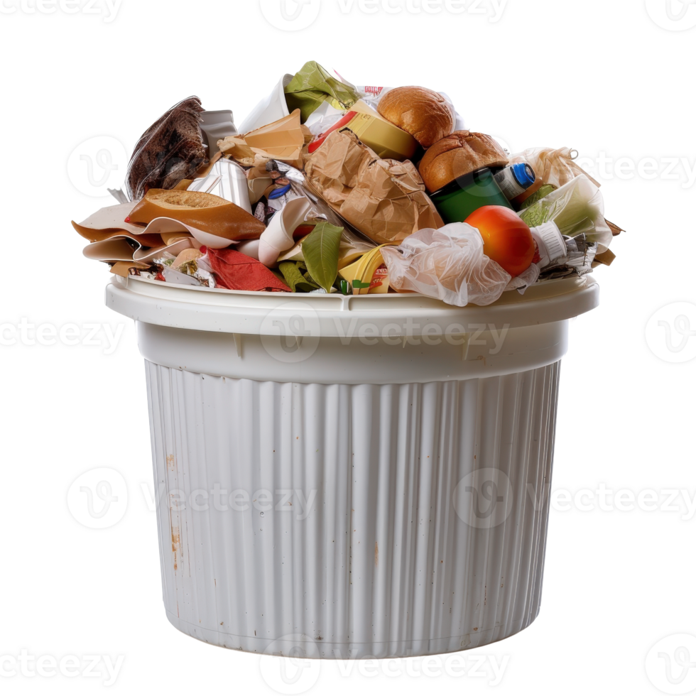 Overflowing Waste Bin Filled with Various Types of Household Trash and Recyclables png