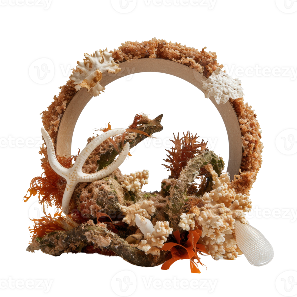 Natural Aquatic Decor with Coral and Sea Elements on Circular Frame png