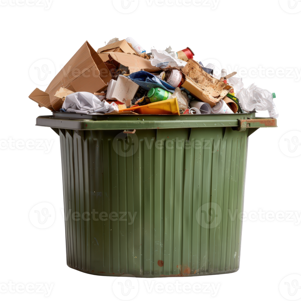 Overflowing Green Trash Bin Filled with Mixed Household Waste and Debris png