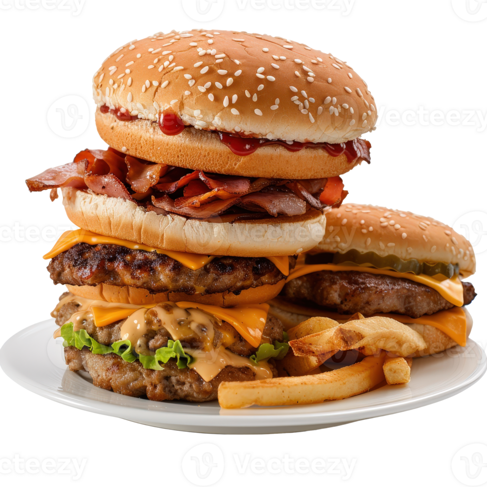 Delicious stacked burgers with crispy fries on white plate, appetizing fast food close-up png