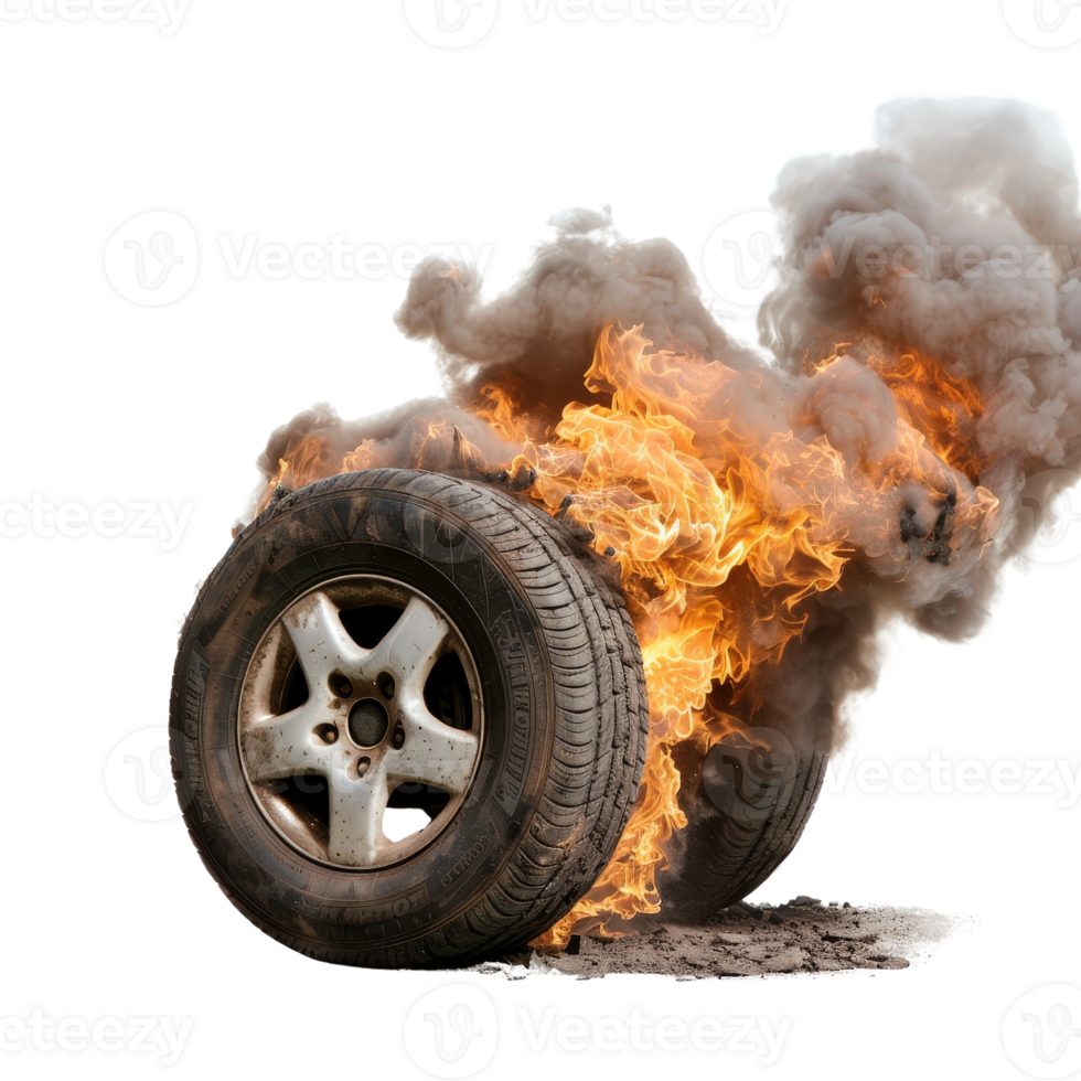 Burning Tire with Smoke Erupting from a Wheel in an Isolated Background png