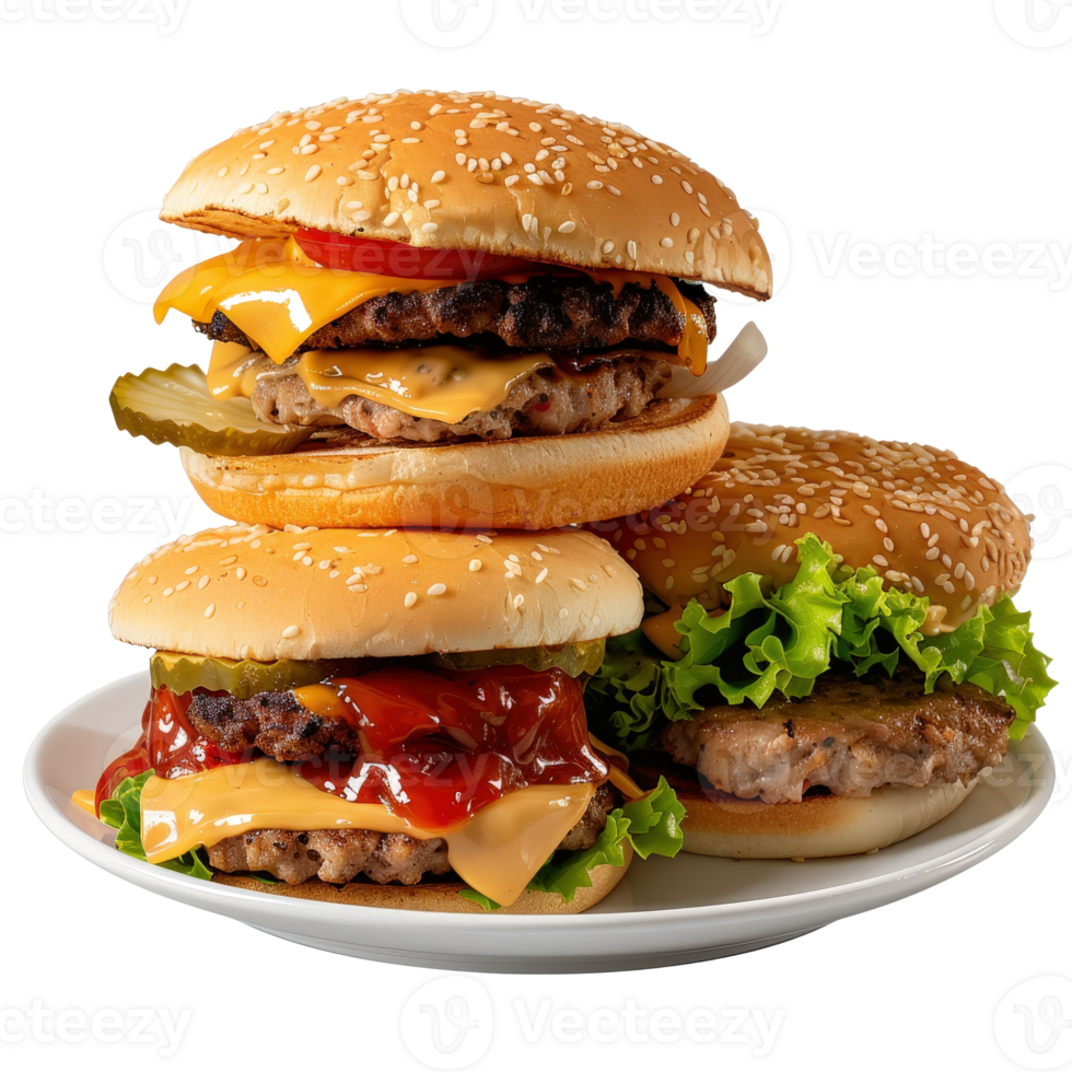 Delicious stacked burgers with cheese, lettuce, pickles, and ketchup on a white plate png