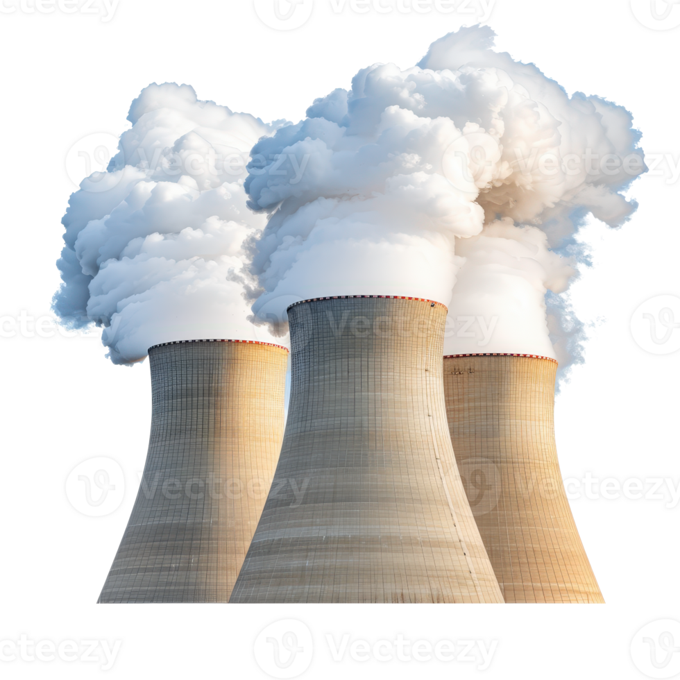 Cooling towers emitting steam against a clear sky during a sunny day in an industrial setting png