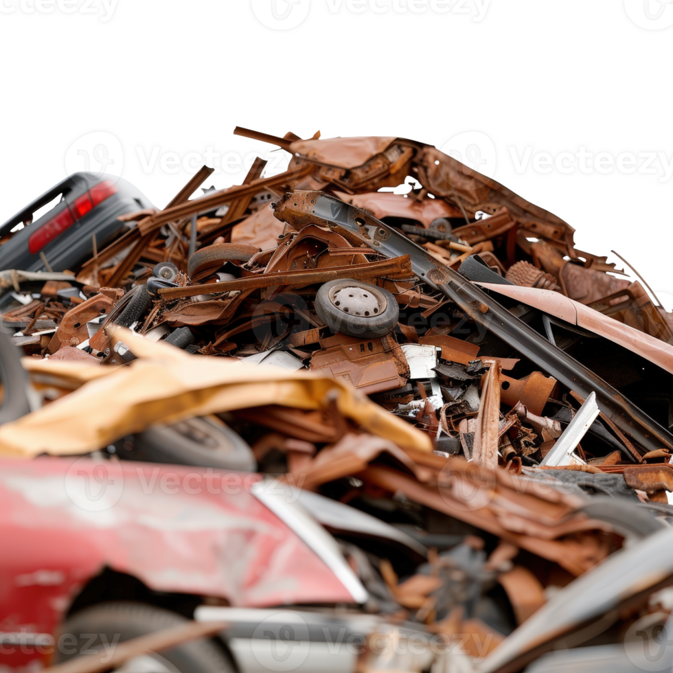Pile of Rusty Scrapped Vehicles in Automotive Junkyard Full of Broken Parts and Scrap Materials png