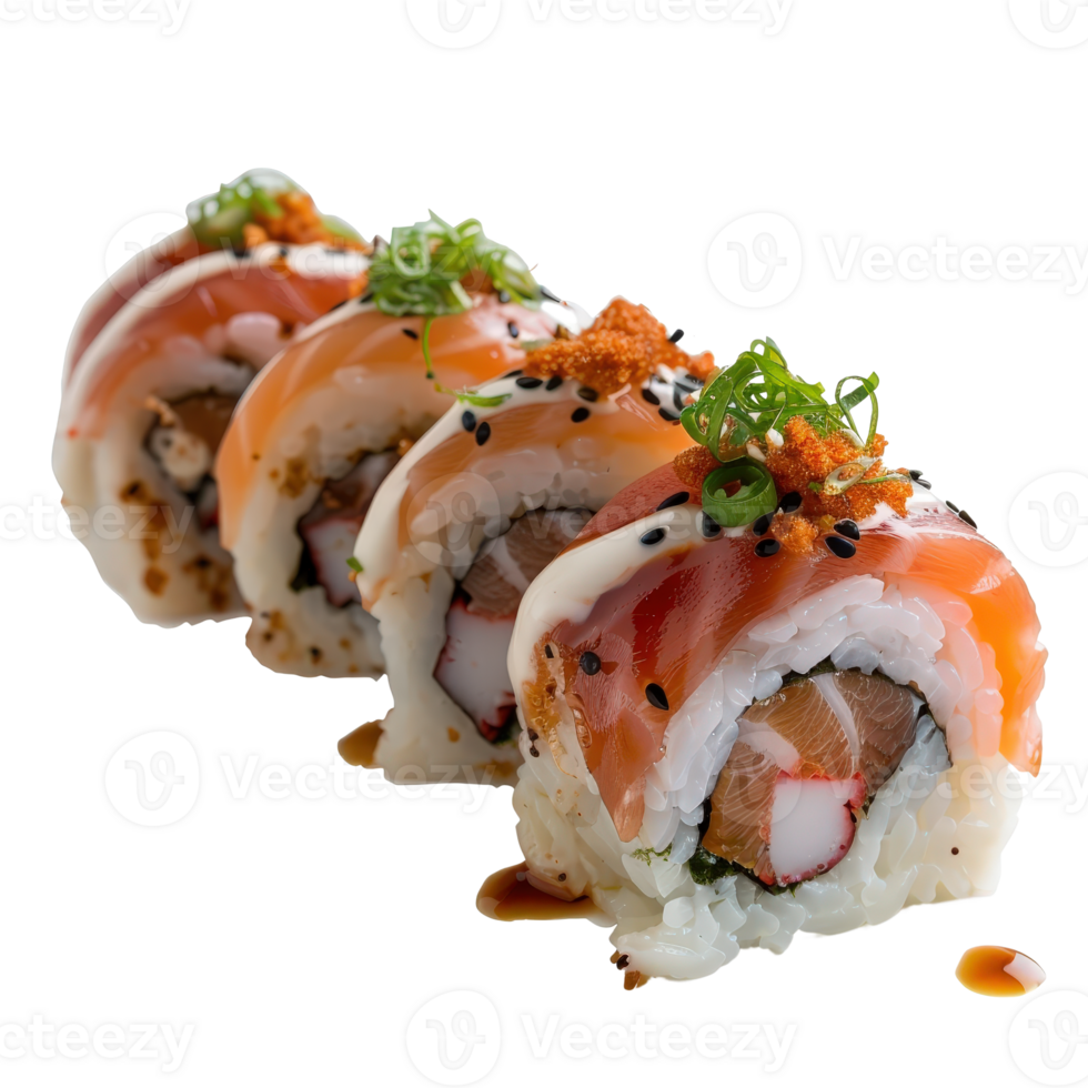Fresh and Delicious Sushi Rolls with Salmon, Creamy Toppings, and Colorful Garnishes png