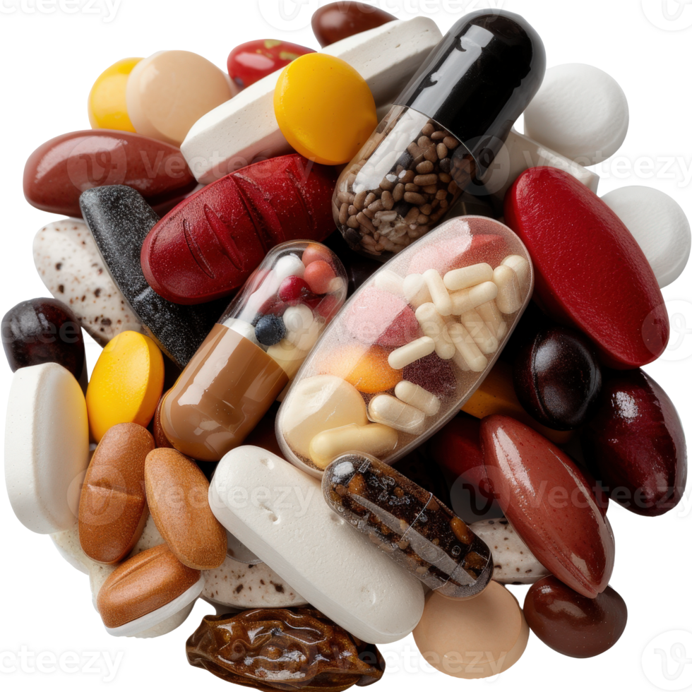 Variety of colorful tablets and capsules arranged artistic on a . png