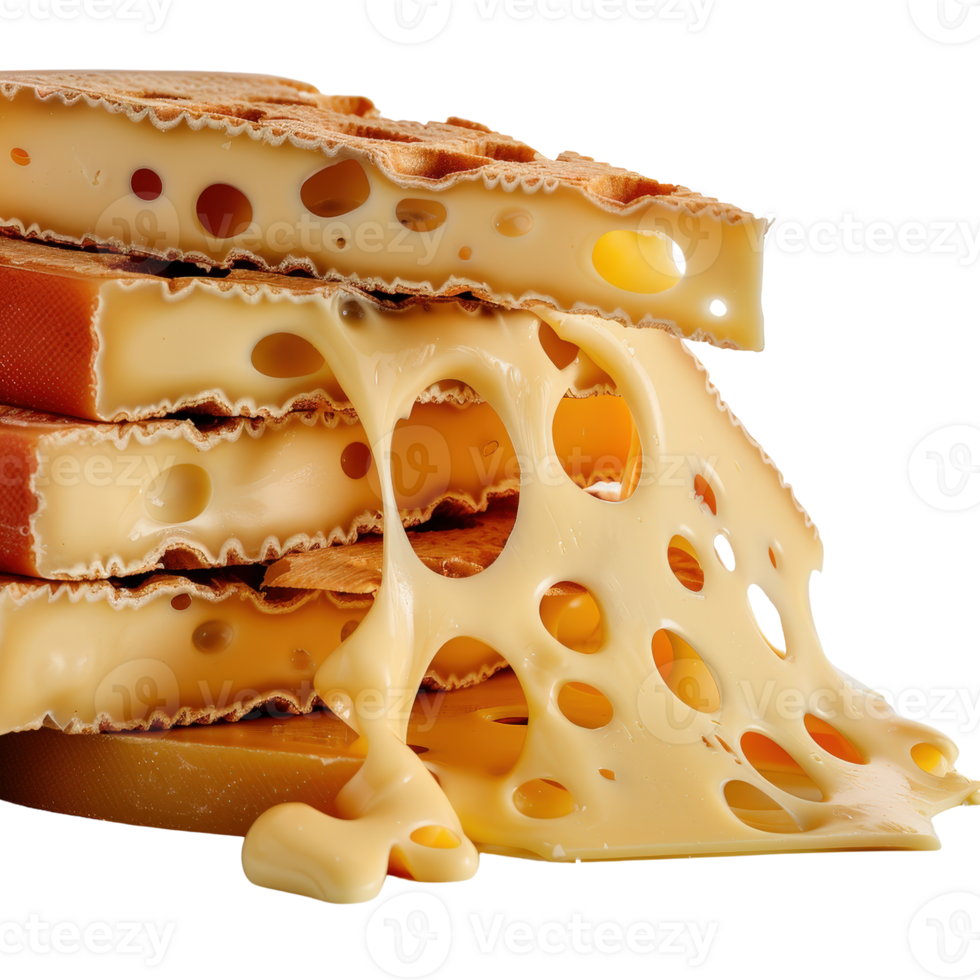 Gourmet Melted Cheese Stacks with Strings and Holes, Perfect for Delicious Dishes and Snacks png