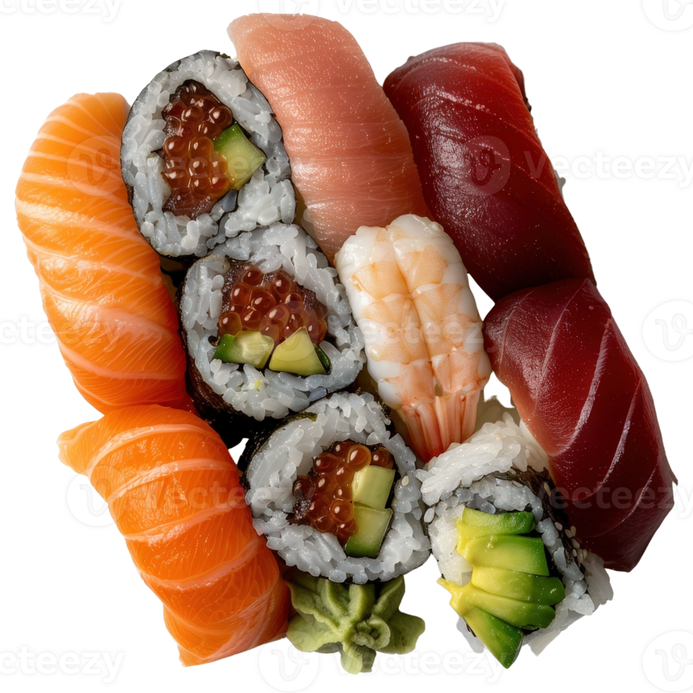 Fresh and Colorful Assortment of Sushi Rolls and Slices on . for Culinary Delight png