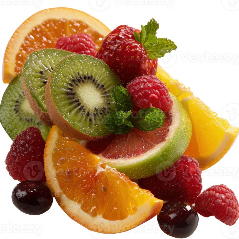 Freshly Cut Colorful Fruits Salad with Berries and Mint Garnish on a . png