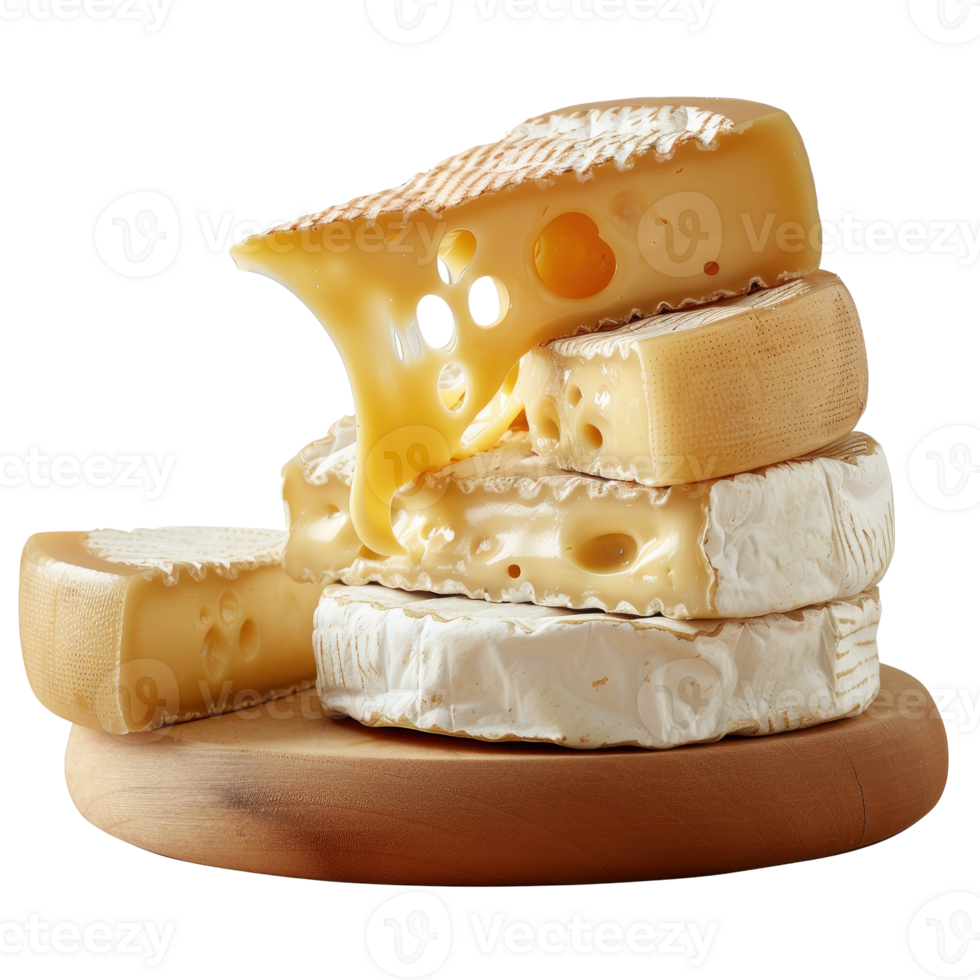 Delicious and Creamy Cheese Varieties Stacked on Wooden Board for Gourmet Culinary Delight png