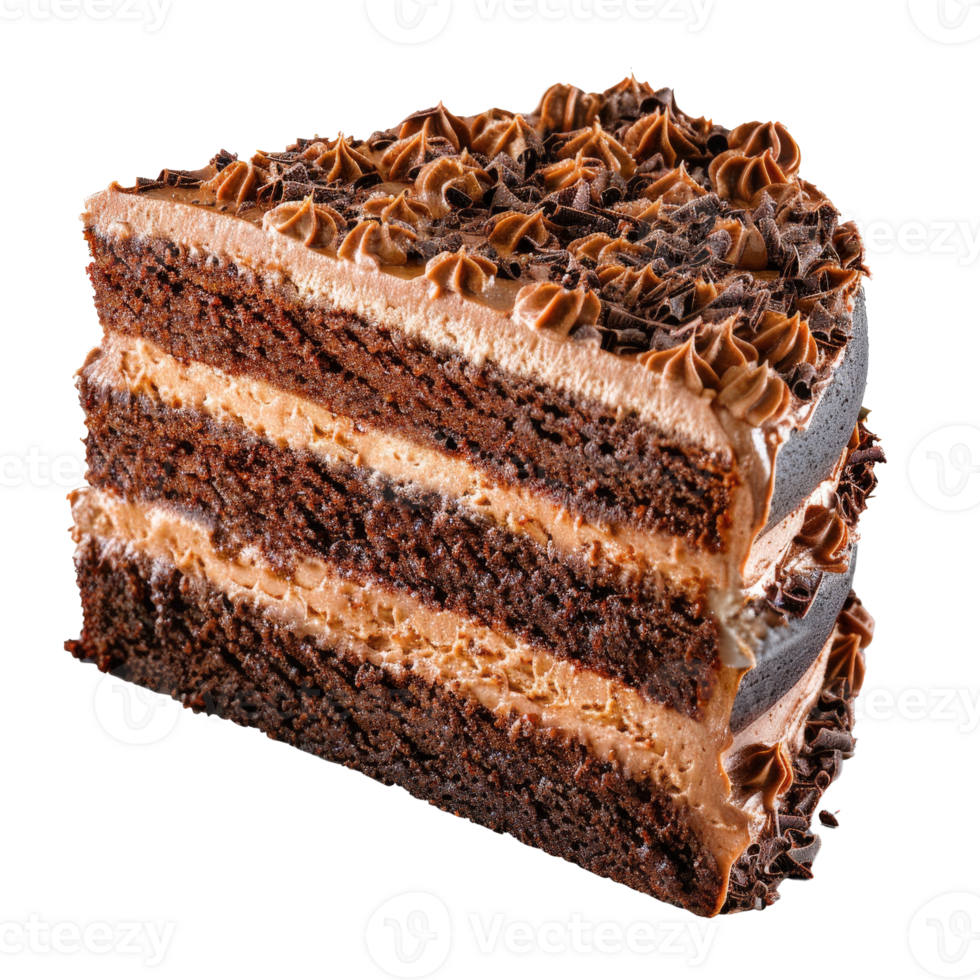 Delicious Three-Layer Chocolate Cake with Creamy Frosting and Decorative Chocolate Shavings png