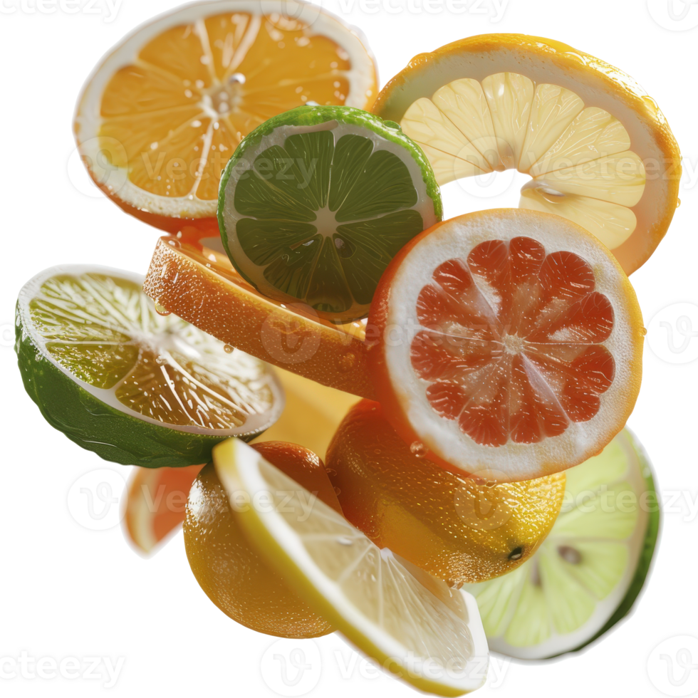 Vibrant Fresh Citrus Fruits in Various Colors and Shapes Floating in Air Creating Dynamic Display png