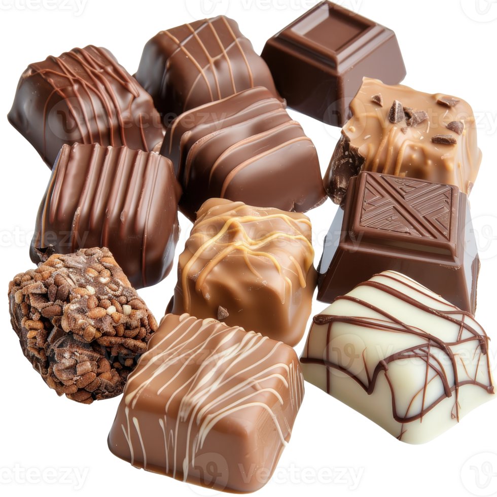 Assorted Chocolates in Various Shapes and Textures with Rich Colors and Glossy Finishes png
