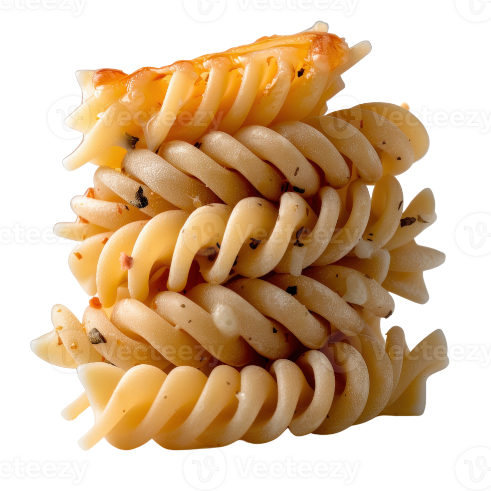 Delicious Spiraled Pasta Stacked in a Tower with Savory Ingredients and Golden Crispy Cheese png