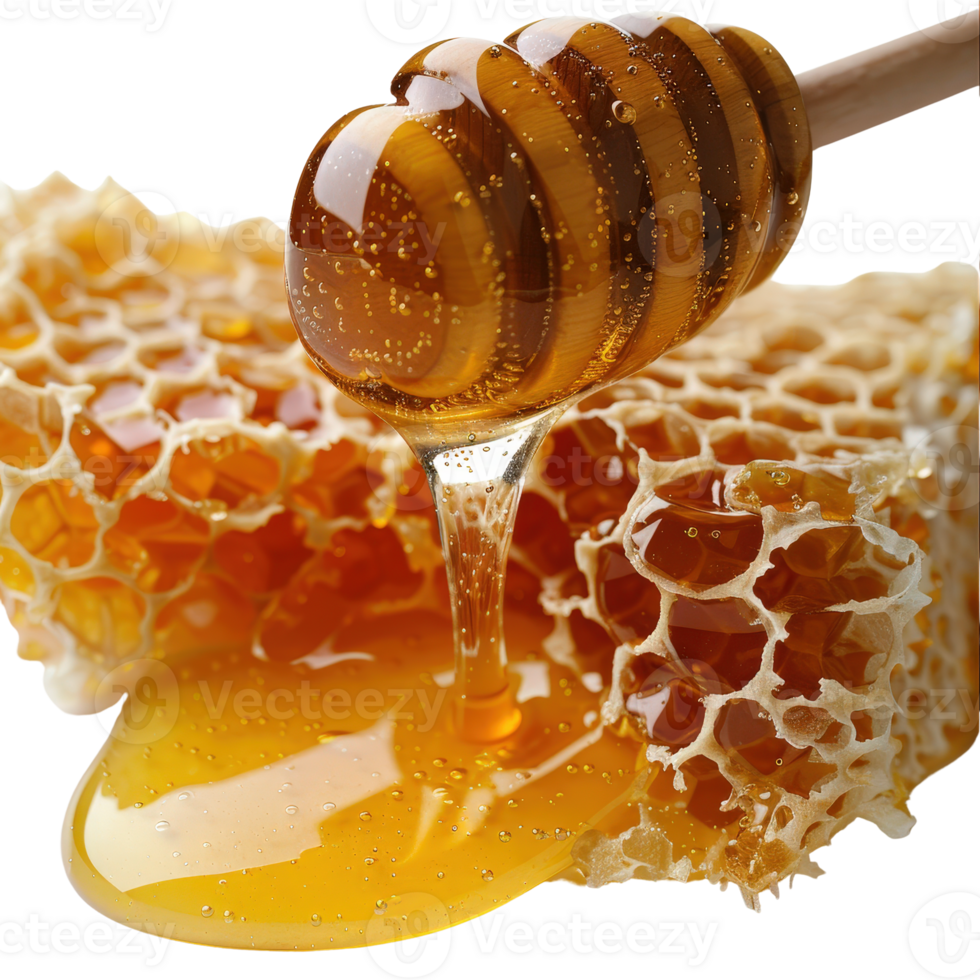 Golden Honey Dripping From Wooden Dipper Over Honeycomb Close-Up Captured in Natural Light png
