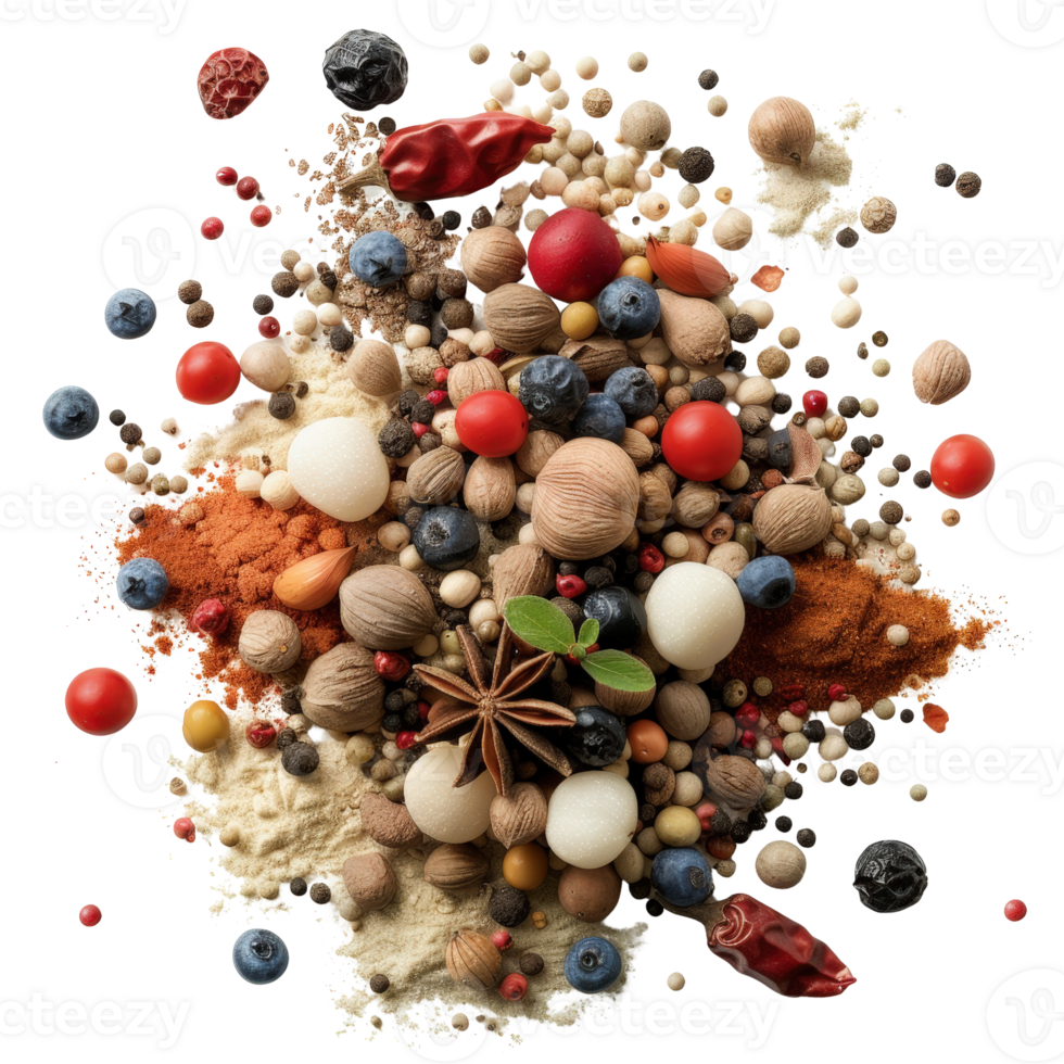 Colorful Variety of Spices and Herbs with Nuts and Berries on Dark Background for Cooking png