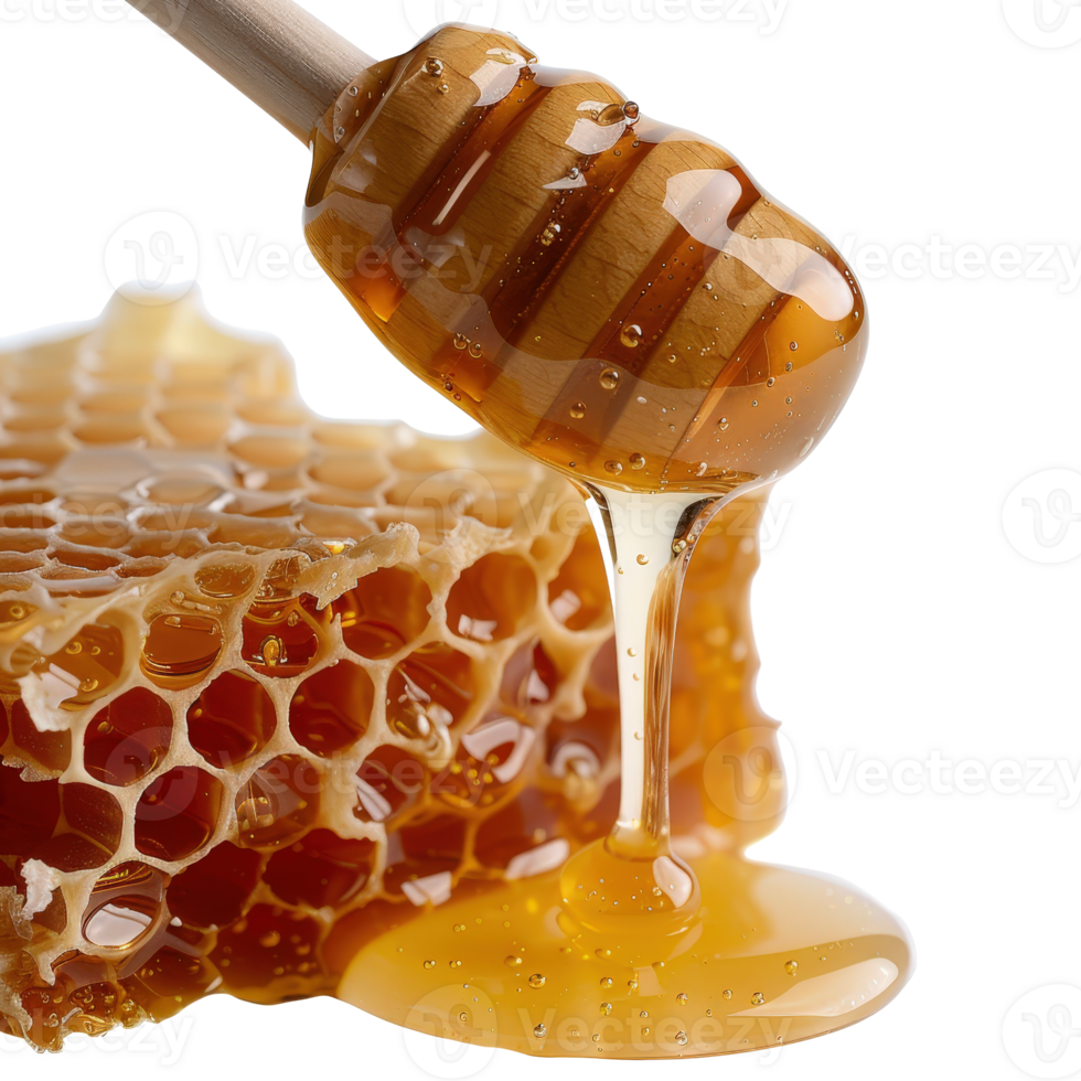 Close-Up of Honey Dripping from Wooden Spoon over Honeycomb Surface with Textured Details png