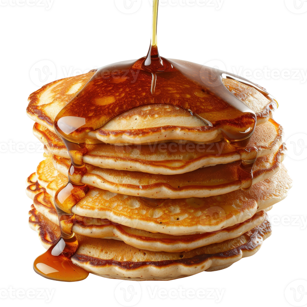 Delicious Stack of Fluffy Pancakes with Golden Syrup Drizzling Down the Sides png