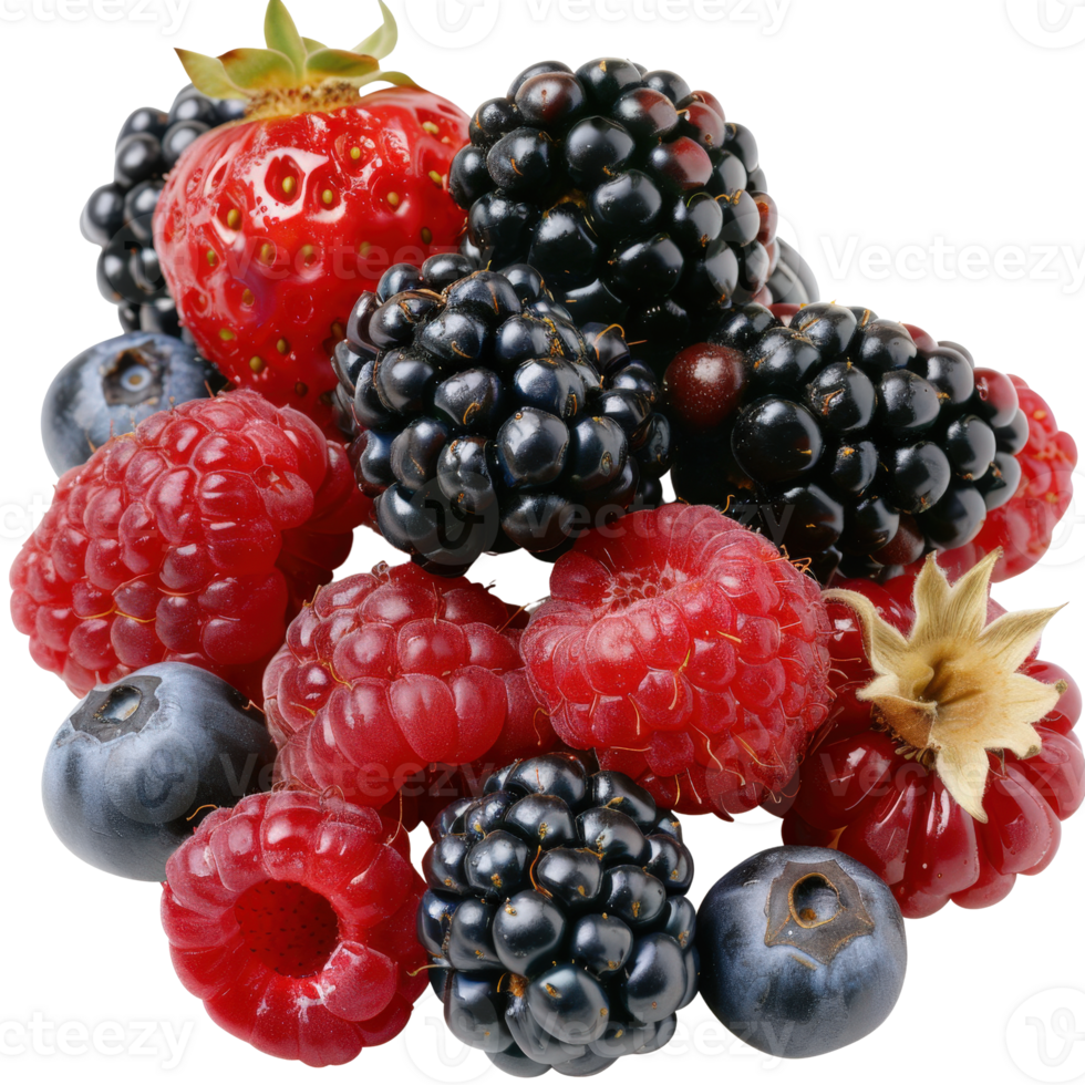 Fresh assortment of strawberries, blackberries, raspberries, and blueberries on a . png