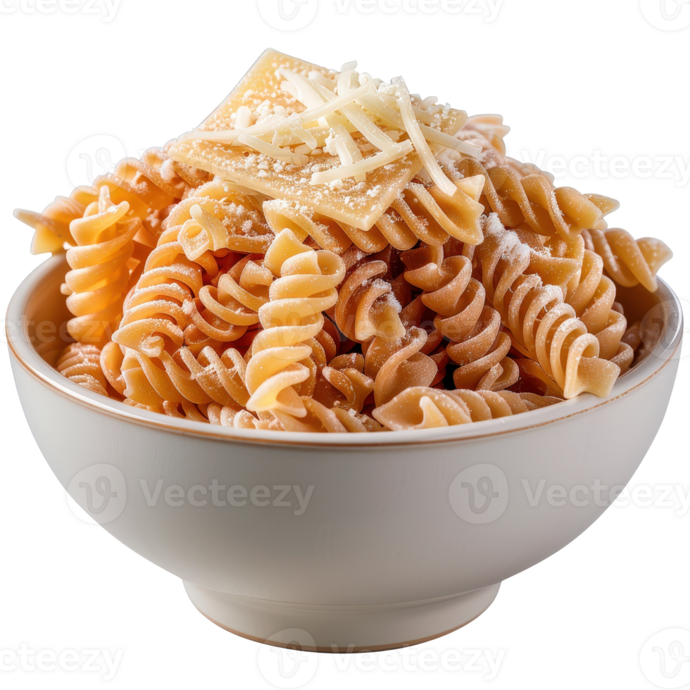 Freshly Cooked Pasta Twists with Grated Cheese Topping in Elegant White Bowl png