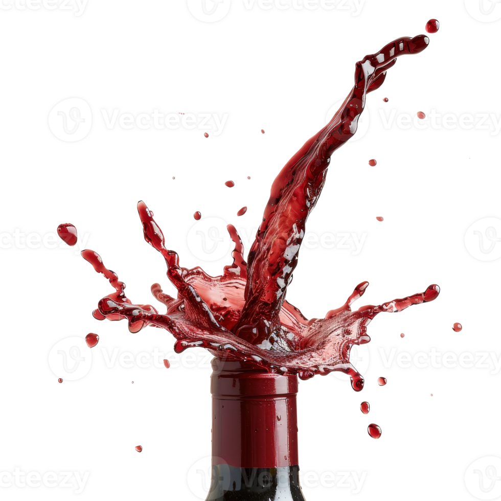 Red wine splashing from bottle in dramatic motion with vibrant droplets and reflections png