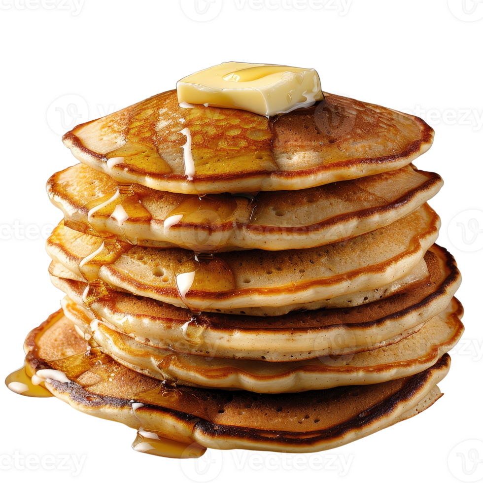 Stack of Fluffy Golden Pancakes with Melted Butter and Drizzling Syrup on a . png