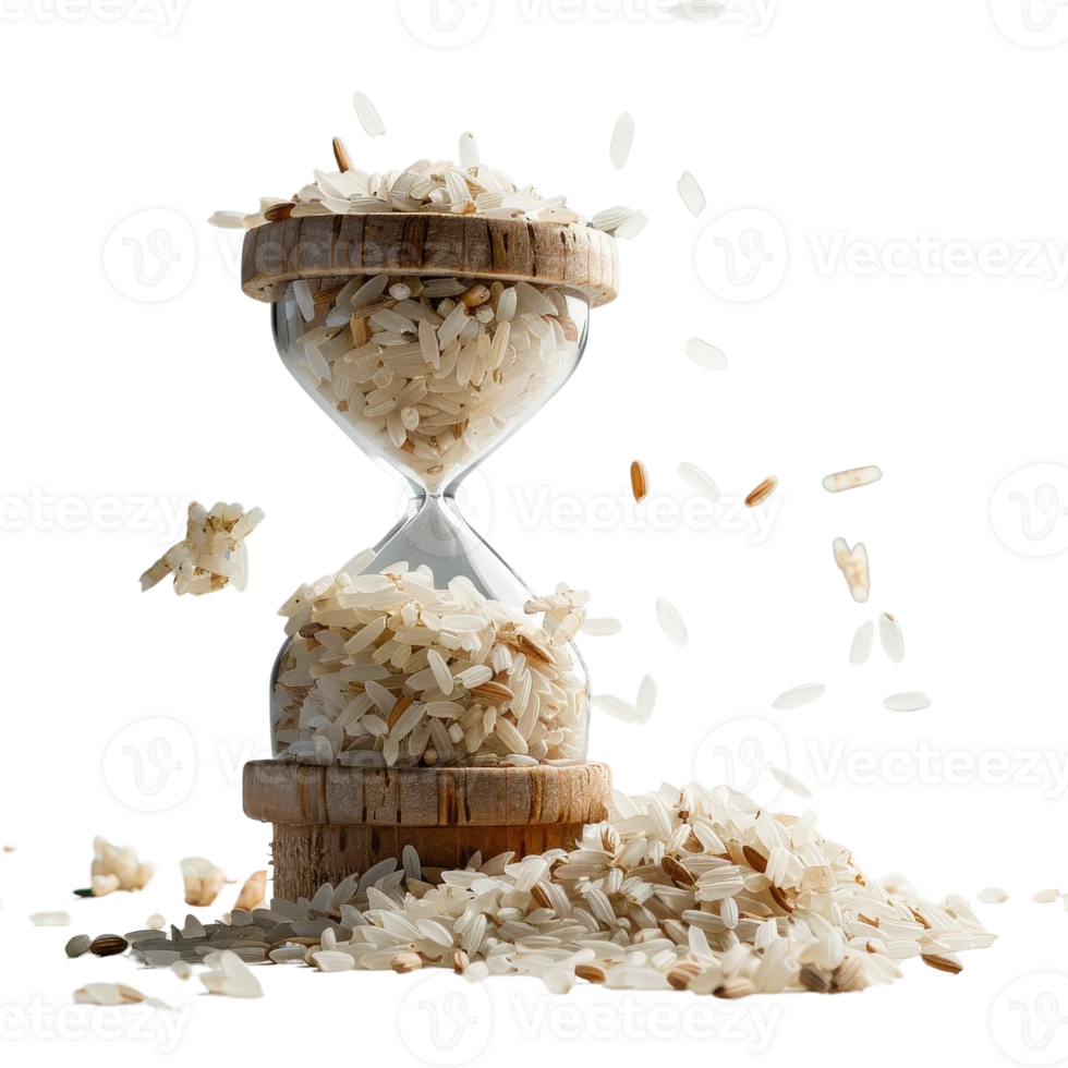 Hourglass Filled with Rice Grain Surrounded by Spilled Rice on . png