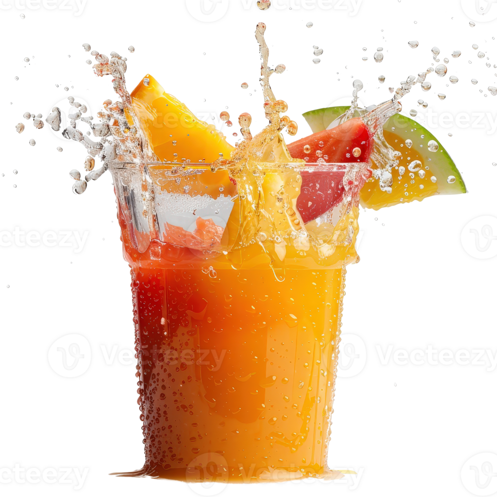 Vibrant Tropical Cocktail with Fresh Fruits and Splashing Water in a Clear Glass png