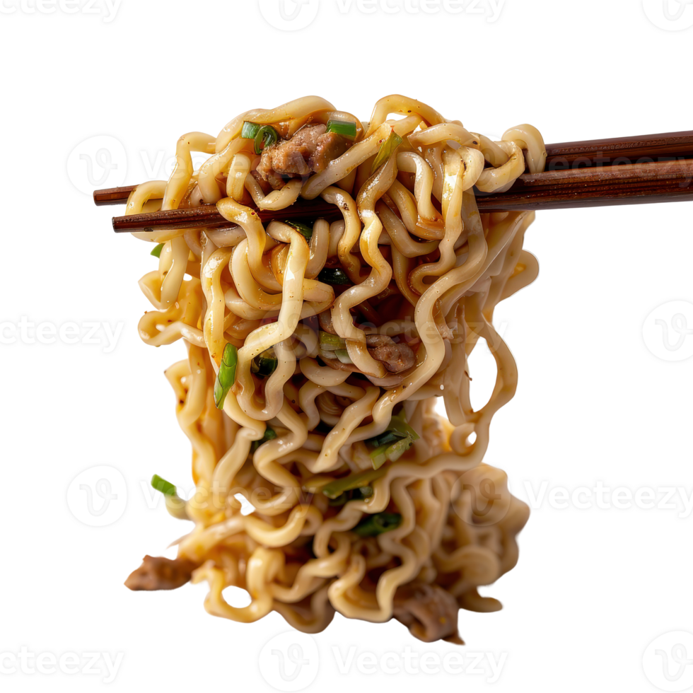 Delicious Noodles with Meat and Vegetables Served with Chopsticks Close Up png