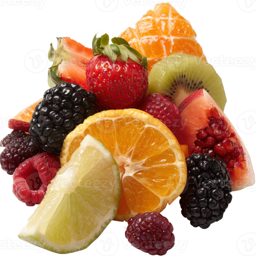 Colorful Arrangement of Fresh Citrus and Berries Displayed in Artistic Pile on . png