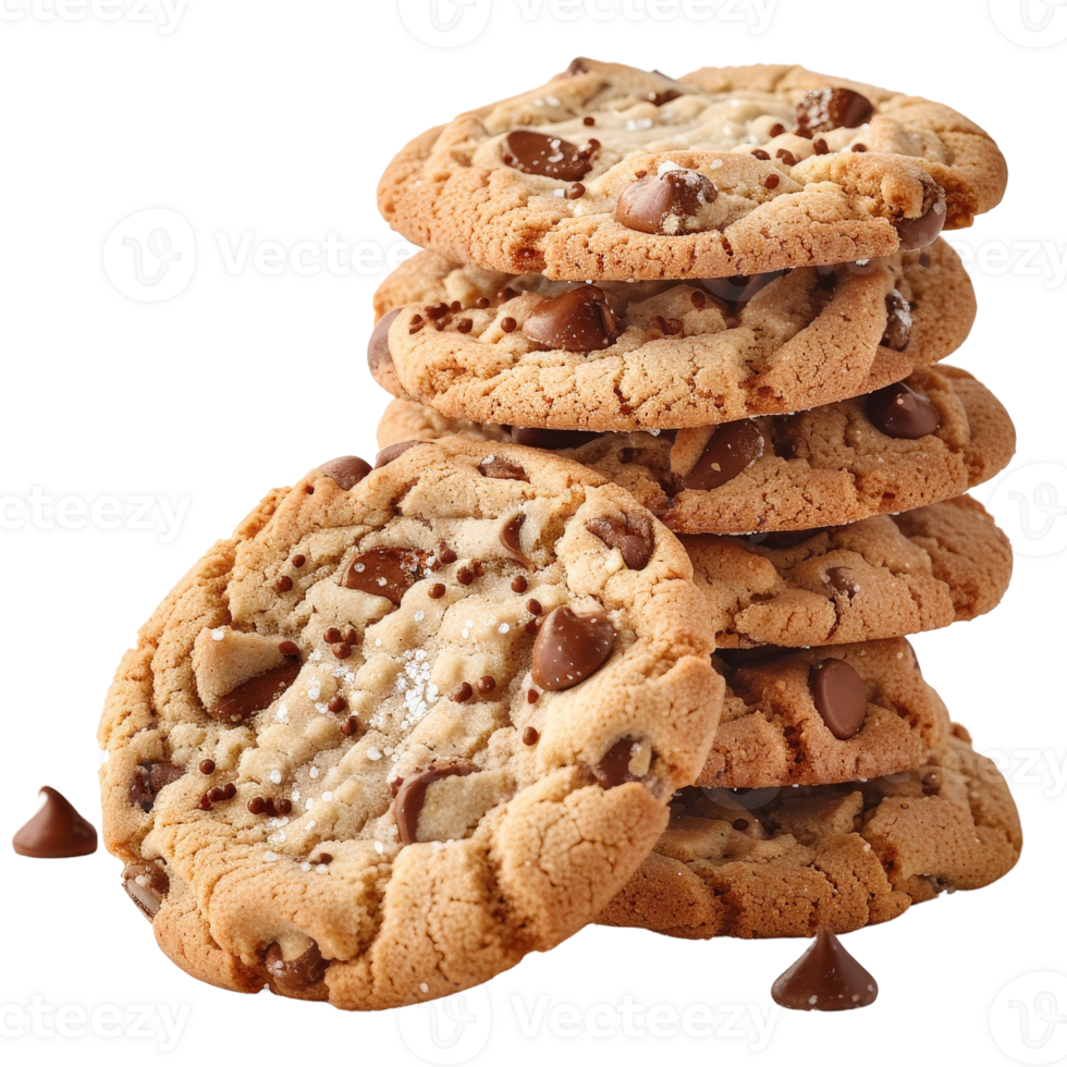 Deliciously Baked Soft Chocolate Chip Cookies Stacked for Tempting Visual Appeal and Treats png