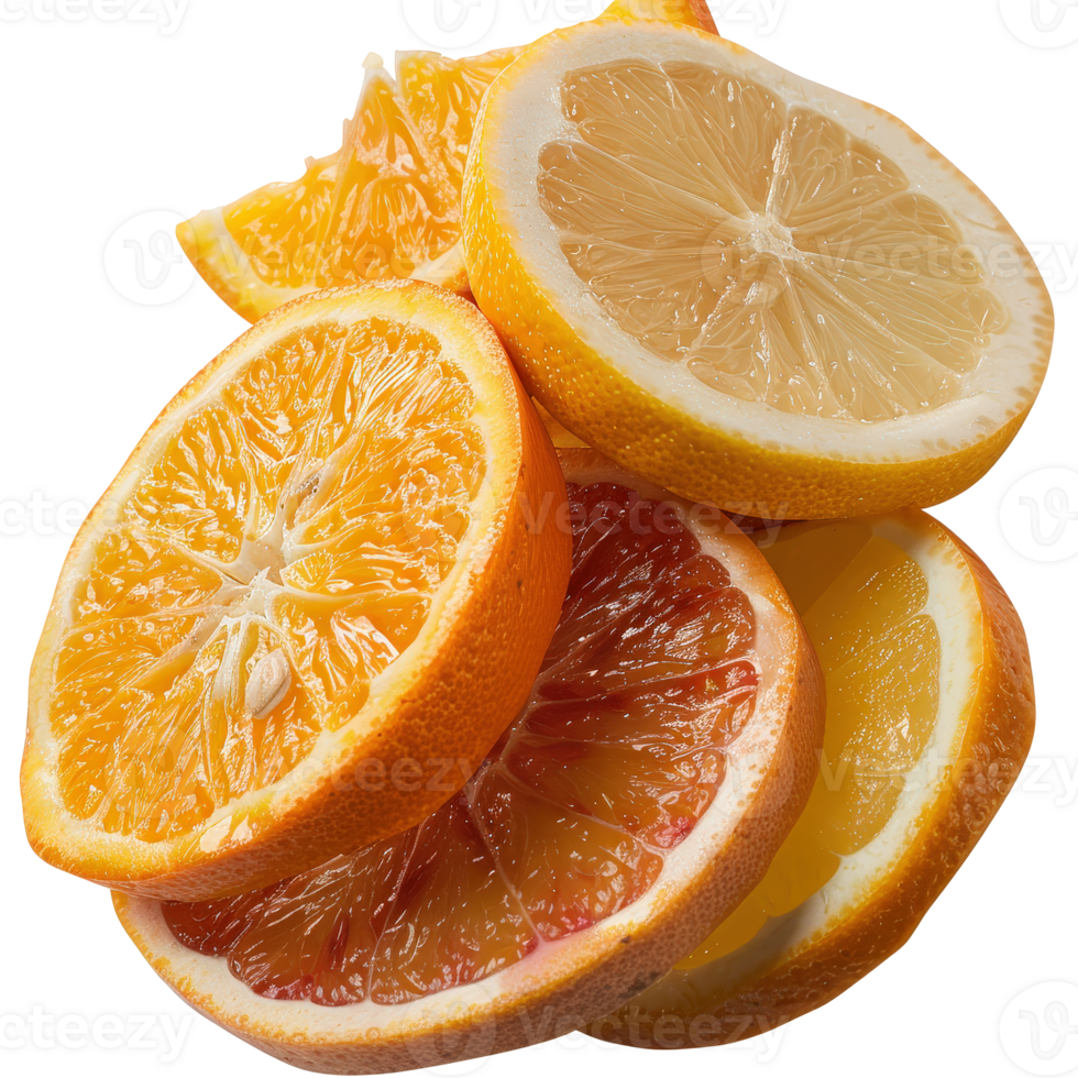 Colorful Slices of Citrus Fruits Including Lemon, Orange, and Grapefruit on . png