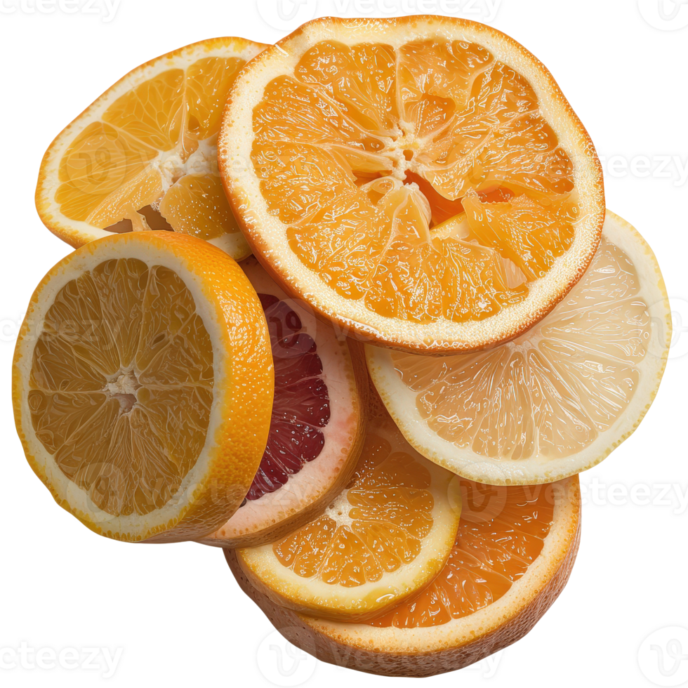 Fresh Citrus Fruits Slices Including Oranges, Grapefruits, and Lemons on . png