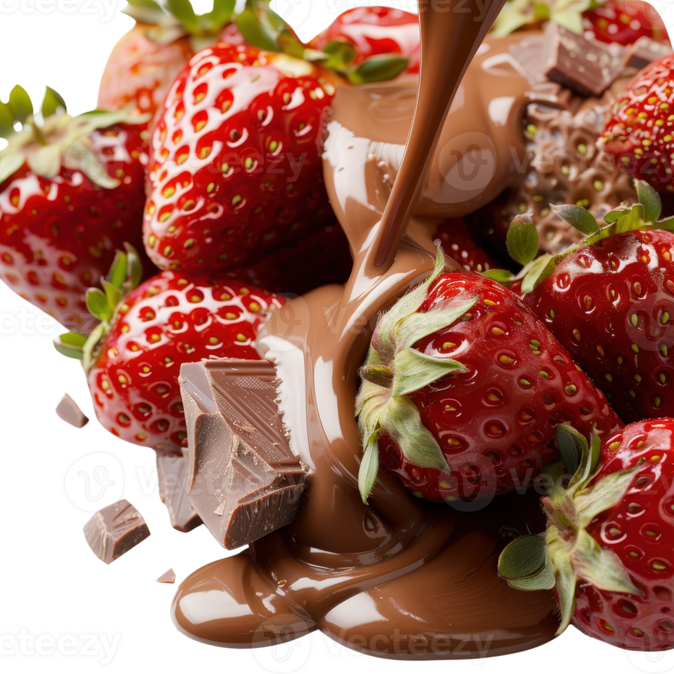 Rich Smooth Chocolate Drizzling Over Fresh Juicy Strawberries on Elegant Background png
