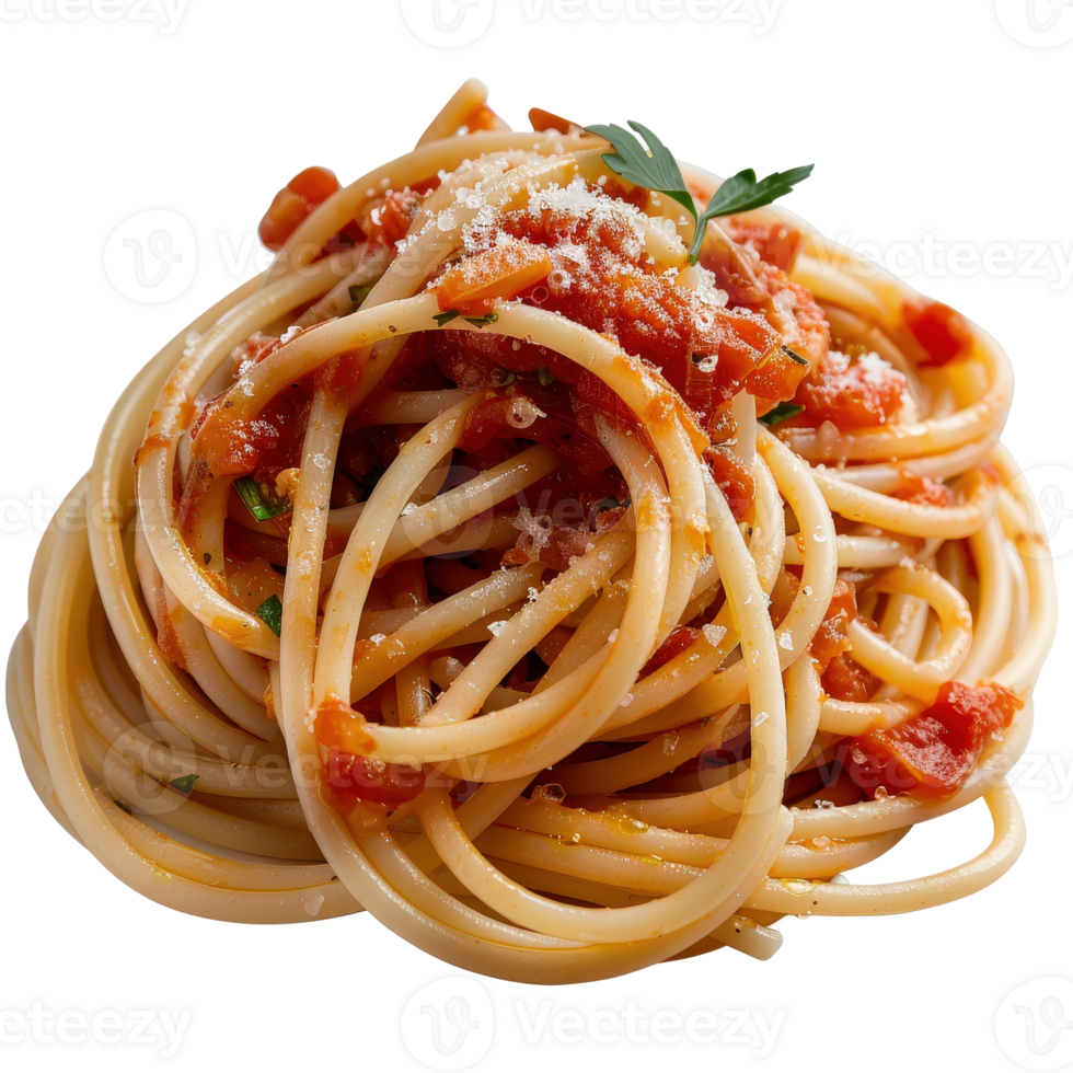 Freshly Cooked Spaghetti with Tomato Sauce and Parmesan Garnished with Green Herb png