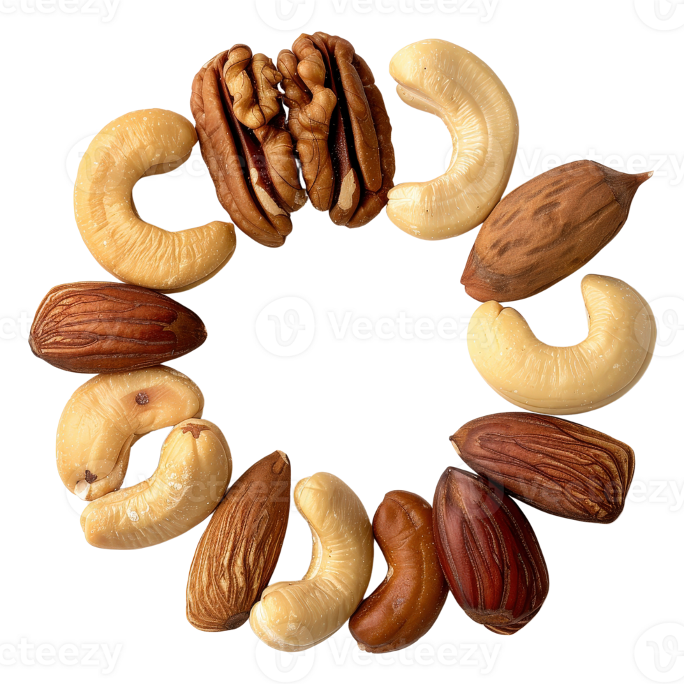 Assorted Nuts Arranged in a Circular Pattern Ideal for Healthy Snacking and Culinary Use png