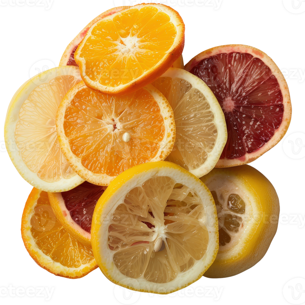 Fresh Citrus Fruits Arrangement with Oranges, Lemons, and Grapefruits on . png