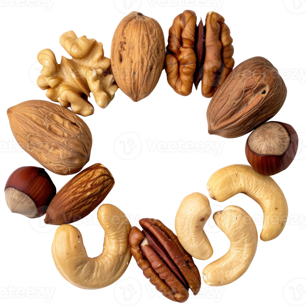 Assorted Collection of Nuts Arranged in a Circular Pattern on a . png