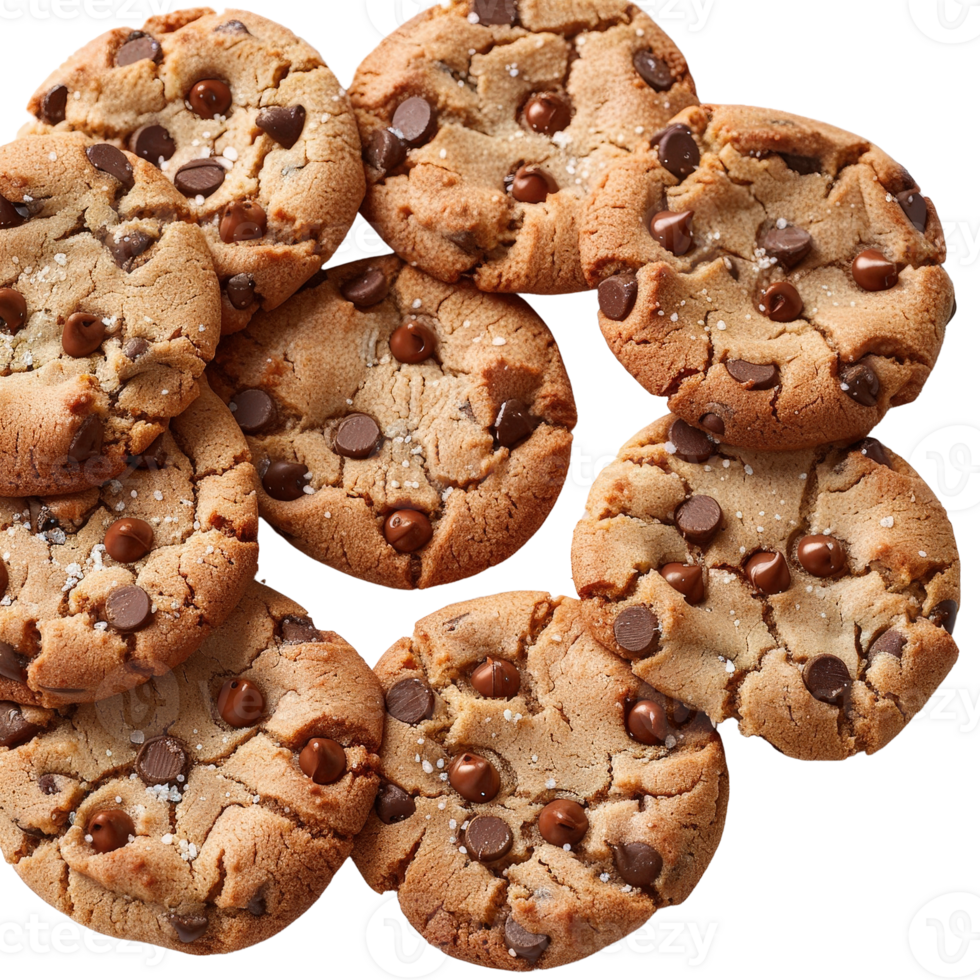 Freshly Baked Chocolate Chip Cookies with Melting Chocolate Drops and Crumbly Texture png