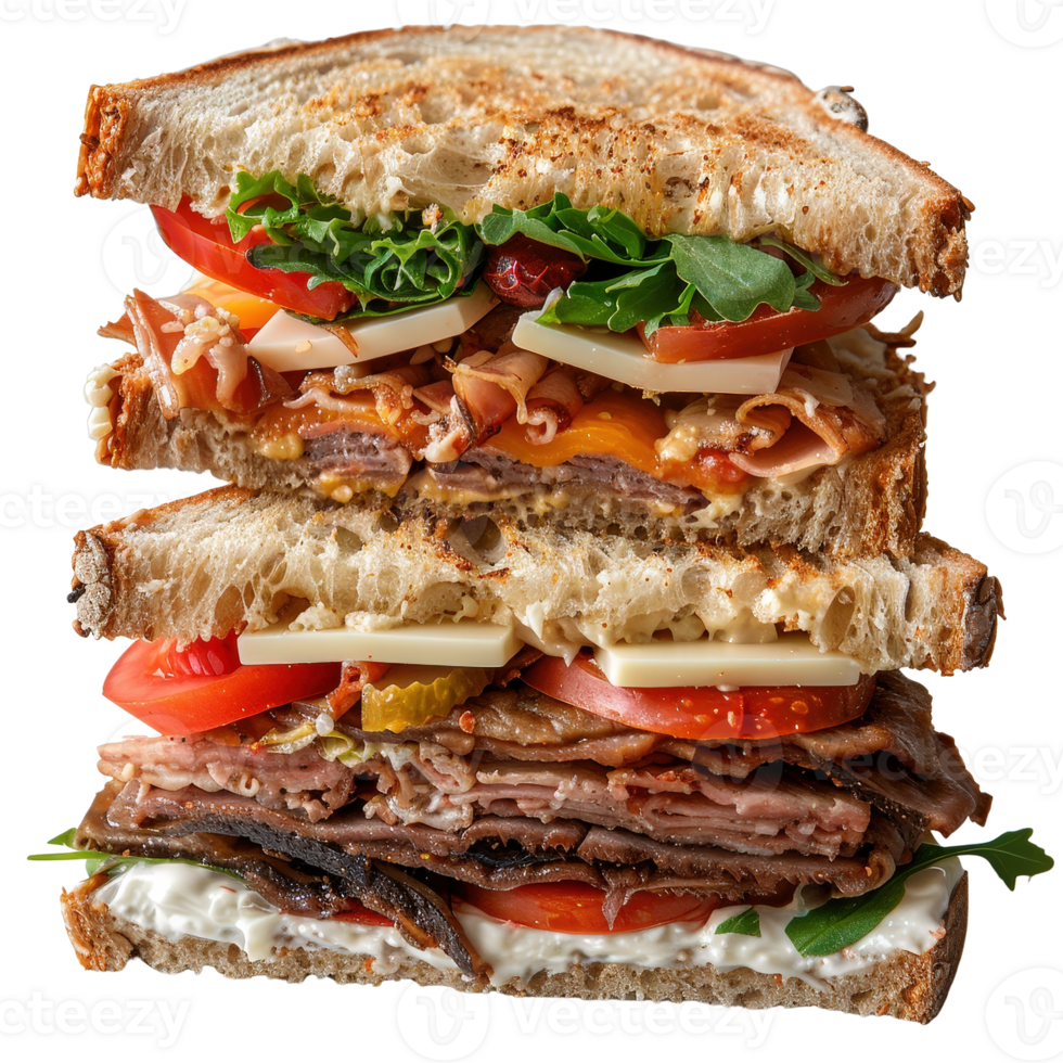 Layers of Delicious Sandwich with Fresh Vegetables and Meats Stacked High on Toasted Bread png