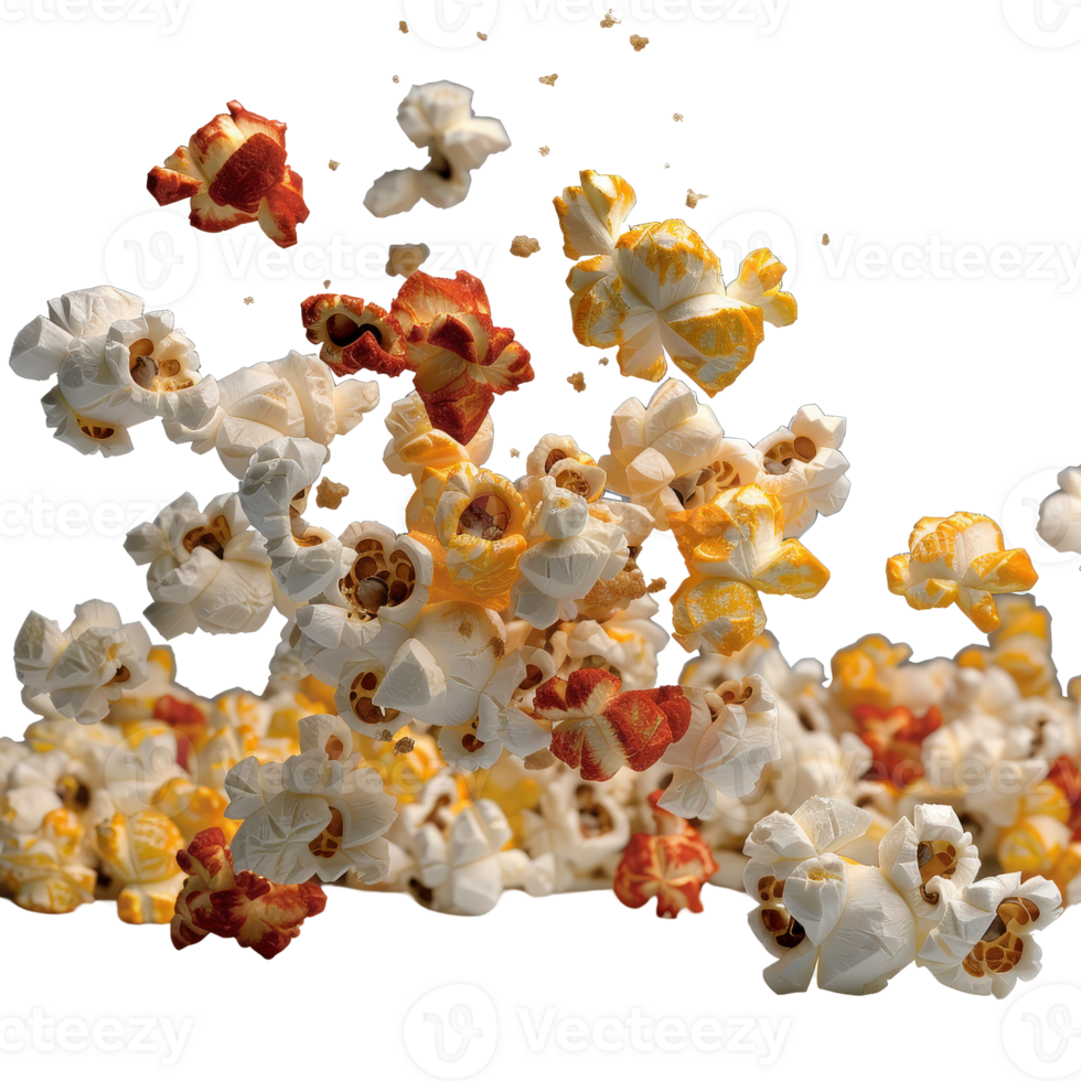 Delicious and Fluffy Popcorn Flying in a Colorful Burst of Snacks for Movie Time and Enjoyment png