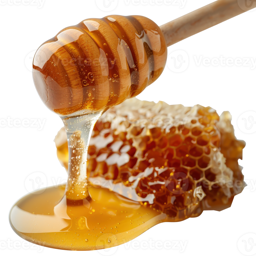 Golden Honey Dripping from Wooden Dipper on Comb Close-Up, Sweet Natural Syrup png