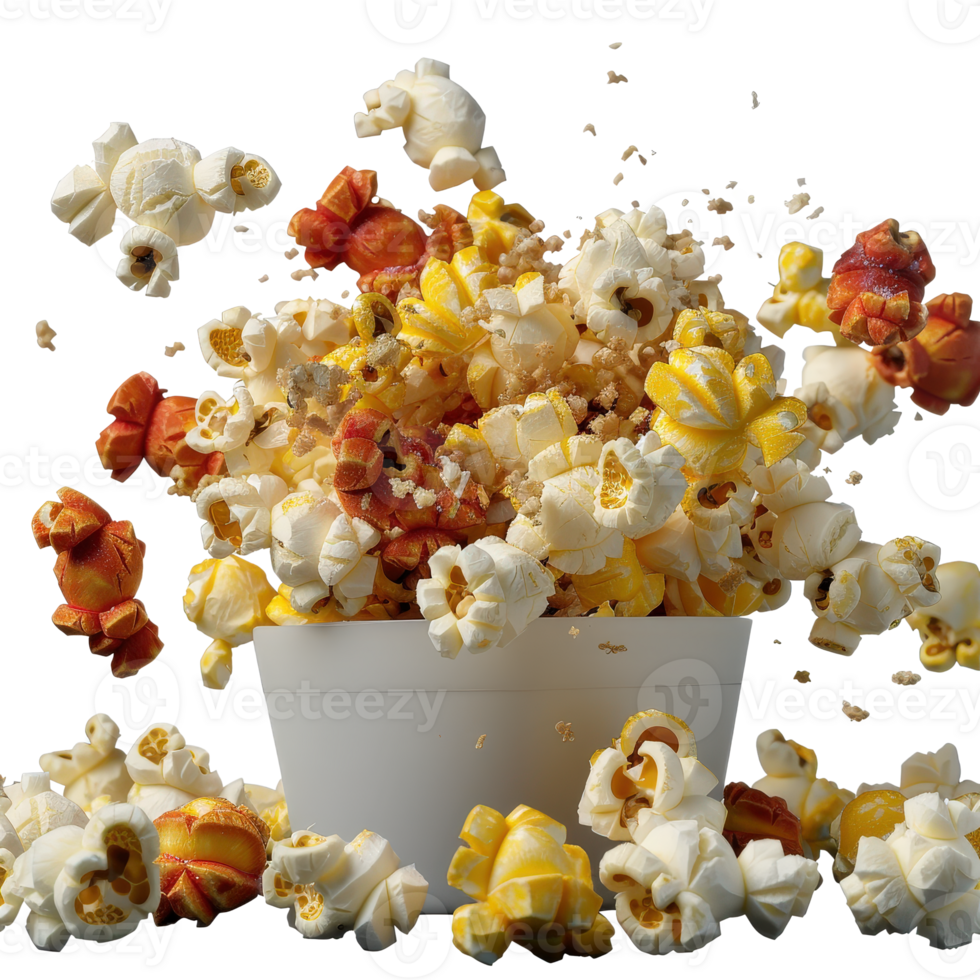 Freshly Popped Gourmet Popcorn in White Bucket with Flavors and Floating Kernels png